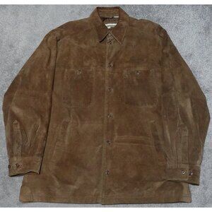Perry Ellis Suede Shirt Jacket Men's Large Brown Button Up Collared Long Sleeve